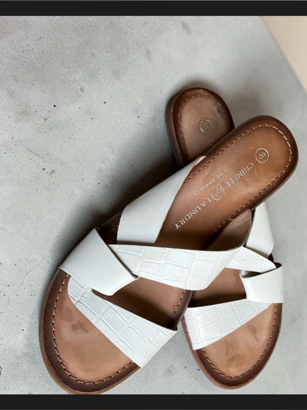 Chinese Laundry White Leather Crisscross Croc-Textured Slide Sandals